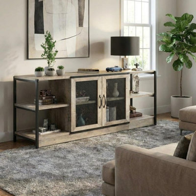 Meuble télé pour téléviseur de 65 po ou moins, console de télévision avec portes d'armoire grillagées, console média avec rangement pour le salon et la chambre à coucher