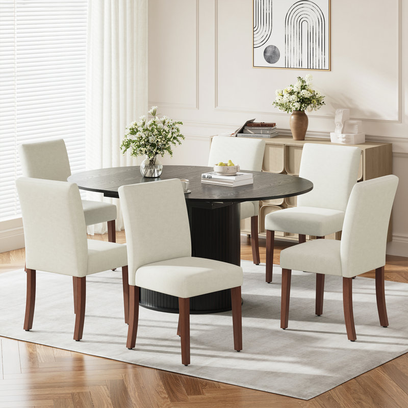Ensemble de table de salle à manger moderne extensible pour 4 à 11 personnes avec rangement caché, table convertible ronde à ovale et chaises rembourrées en tissu