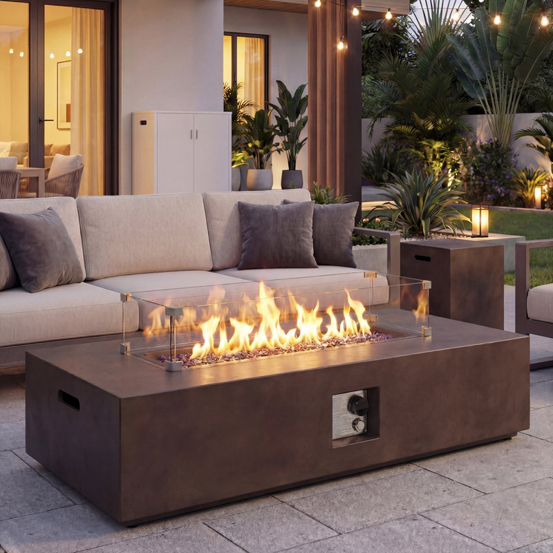 Table rectangulaire 56 po pour foyer d'extérieur au propane en béton avec couvercle de réservoir de propane et verre trempé