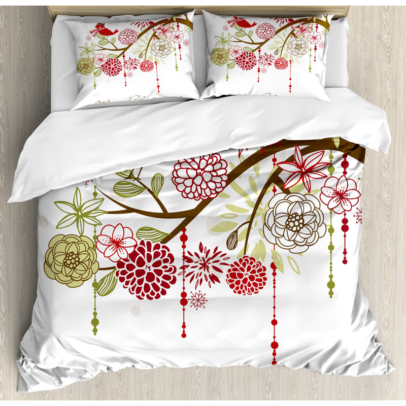 King Size Floral Winter Red Bird Duvet Cover Set