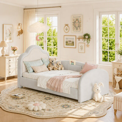 Twin Curved Headboard Upholstered Floor bed, Upholstered Kids bed with Safety Side Rails and Storage Pocket, Low Floor Playhouse Bed for Kids Bedroom,Light Gray