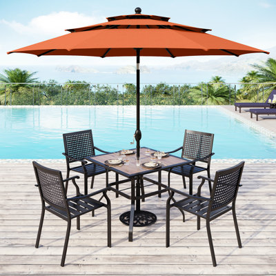 Alyah 5-piece Steel Patio Outdoor Dining Set With Umbrella, Metal Stackable Chairs, Square Wood-like Table Top Table -  Lark Manorâ¢, E158518B12814DAC8213924B2A3EAC61