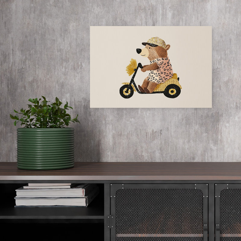Playful Bear On Scooter Contemporary Wall Art Print by Mathieu - Wrapped Canvas Print, 30.48cm H x 45.72cm W