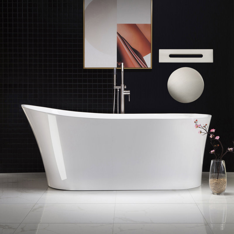 Baignoire de trempage autoportante en acrylique avec drain réversible 67 po. X 32 po., Blanc / nickel brossé