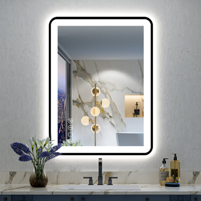 Hyosvany Matte Black Matel Framed LED Vanity Mirror with Front-lit and Back-lit, Memory Function, 3 Colour Temperatures, Dimmable Light & Anti-fog Tempered Glass Mirror