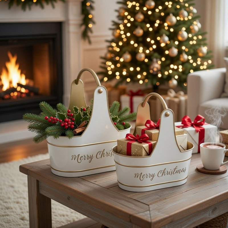 Ensemble de 2 paniers de rangement Limu, poignées dorées, blanc joyeux Noël, Blanc