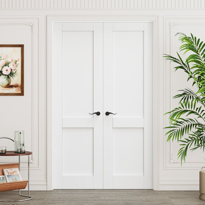 Interior 2-Panel Solid Core Door, CARB P2 Certified MDF Double French Doors, Includes Matte Black Hardware-Privacy Door Lever with Lock, Latch & Hinges, Pre‑Finished & Waterproof, Pantry, Bedroom, Bathroom & Closet, Easy DIY Stain, 36"x 80"
