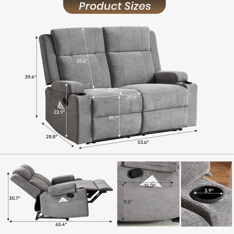 Modern Chenille Manual Reclining Loveseat With Cup Holders & Storage Armrests, Adjustable Backrest, Compact Design For Living Room-Grey