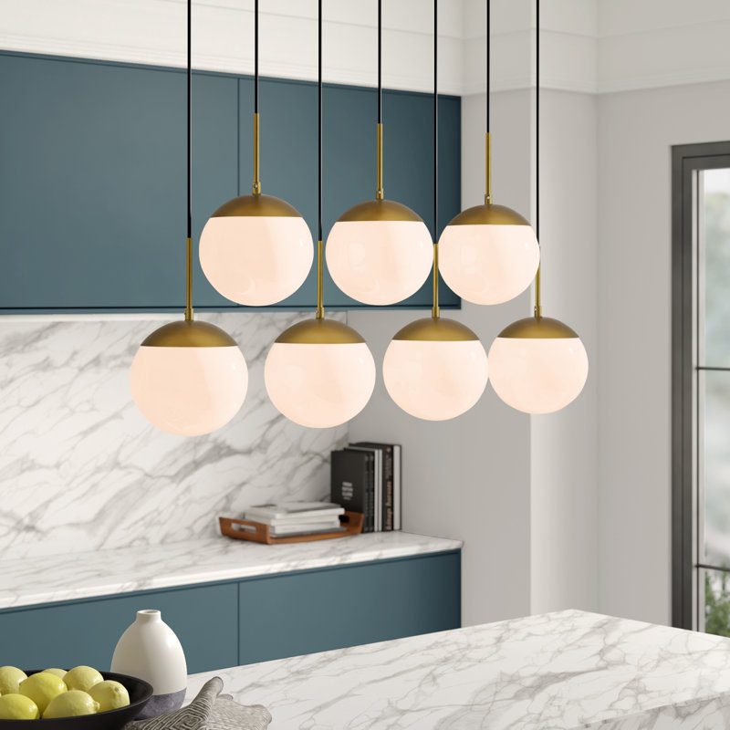 Luminaire suspendu en forme de globe à 7 lumières pour îlot de cuisine Yearby, Laiton, Blanc givré