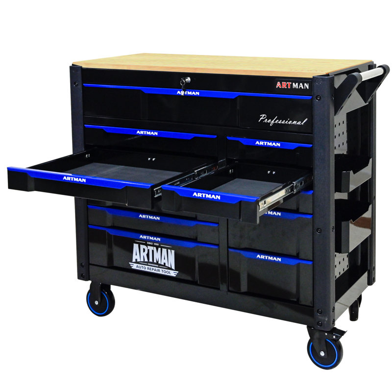 Wagon à outils multi-usages à 12 couches avec roues, comptoirs en bois