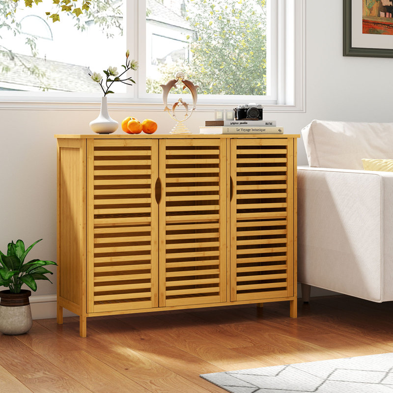 Bamboo Bathroom Cabinet 3-Door Storage Organizer w/ Shelves Natural