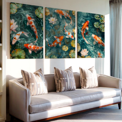 3 pièces d'art mural Serene Koi Fish and Lotus Pond pour décoration intérieure tranquille
