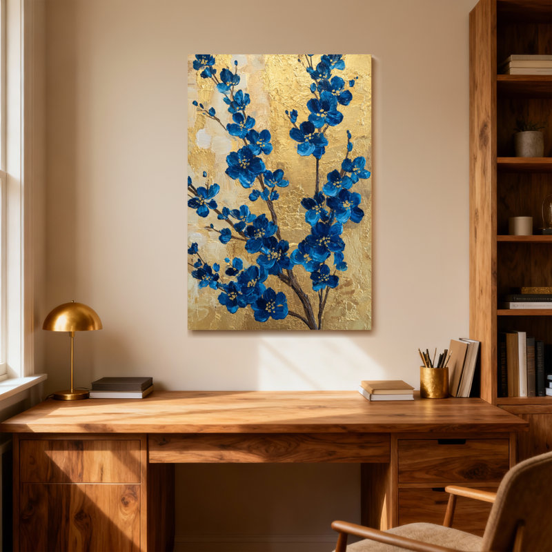 Plantes et fleurs, fleurs bleues sur fond doré, reproduction d'art, H 24 po x l 16 po