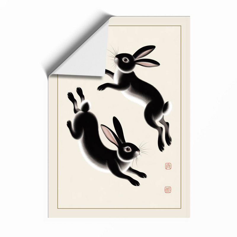 Leaping Rabbits in Red Seal Japandi - Framed Print, Unframed, A3 - 42.0 x 29.7 cm