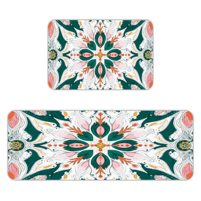Symmetrical Floral, 2 Pcs Non Slip Kitchen Mats