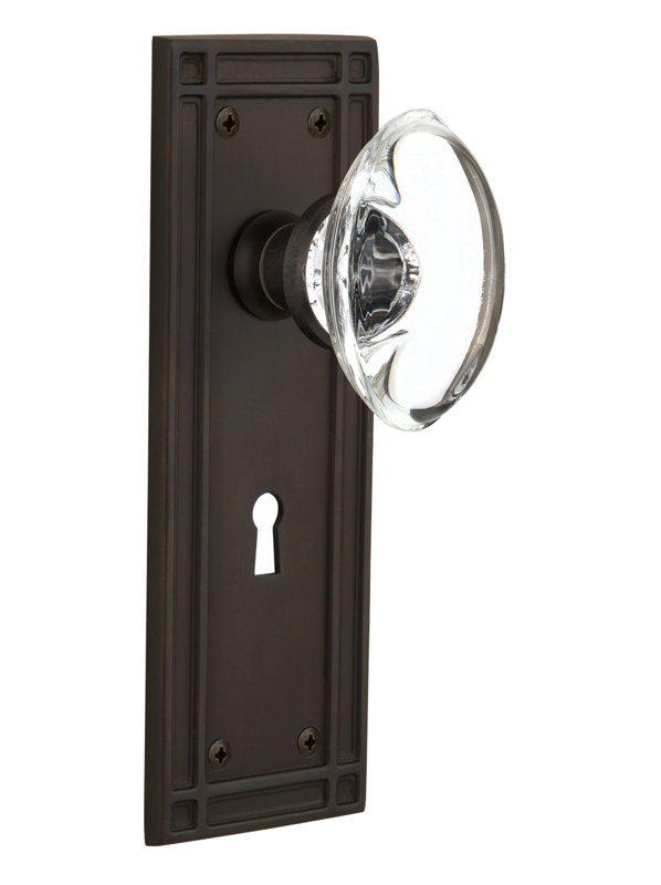 Crystal Oval Interior Mortise Door Knob with Mission Long Plate, Oil-Rubbed Bronze