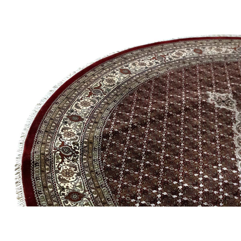 Tapis rond rouge / ivoire / brun noué à la main de qualité unique de 8 pi 2 po