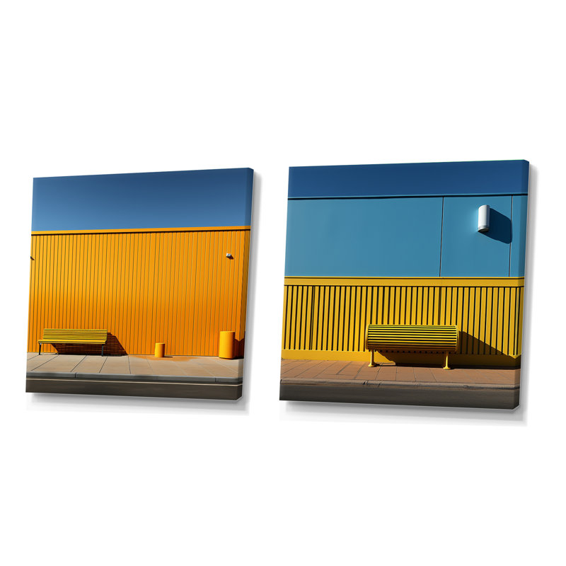 Jaune et bleu ordre linéaire zen - formes abstraites carrées ensemble de 2 collages, Toile tendue, H 30 po x l 61 po