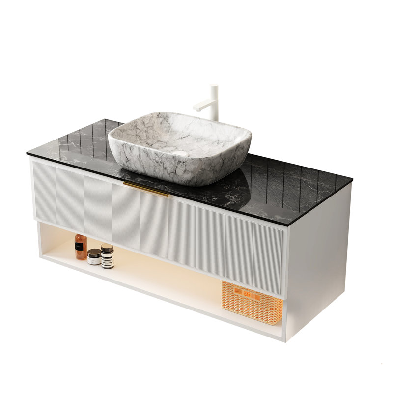 Armoire murale blanche en contreplaqué de 48 po avec plateau fritté en pierre noire, tiroir simple, tablette ouverte, lumières à DEL et multicouche haute résistance avec motif