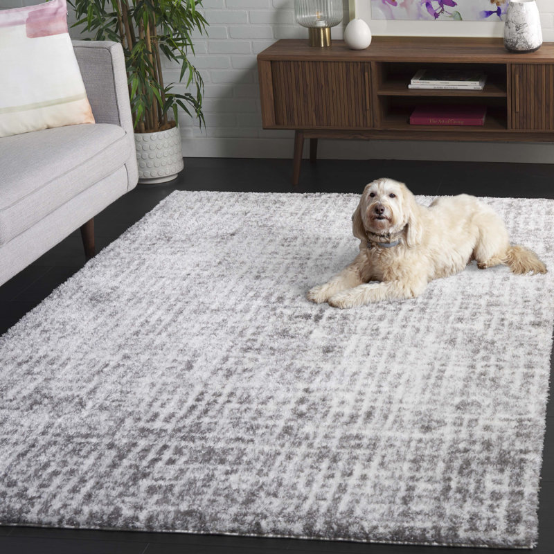 Ivory and Gray Rectangular Shag Area Rug, 5' x 7'