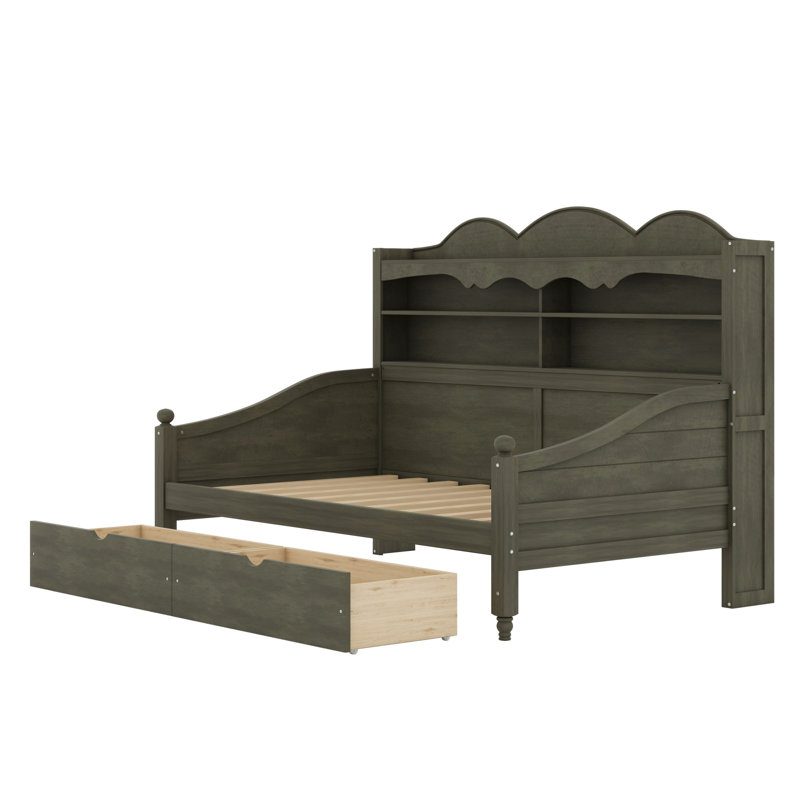 Wooden Retro Daybed with Storage Drawers & Headboard Shelving, No Box Spring Needed, Easy Assembly, Antique Grey