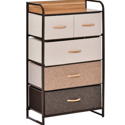 Commode de rangement pour la chambre à coucher. Rangez vos affaires facilement dans 3 grands tiroirs et 2 petits. Conception pliable et portable. Structure en acier, plateau en bois. Système anti-basculement. Dimensions : 58 cm (L) x 29 cm (P) x 99 cm (H).