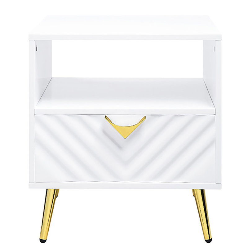 Table de bout moderne avec tablette et tiroir - Présentoir de rangement esthétique ultrabrillant blanc