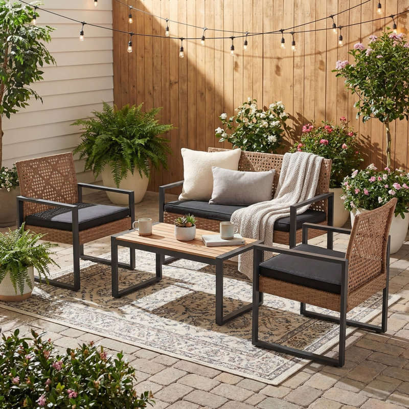 4-Piece Outdoor Seating Group With Removable Cushions, Patio Conversation Set With Wood Tabletop for Backyard, Poolside