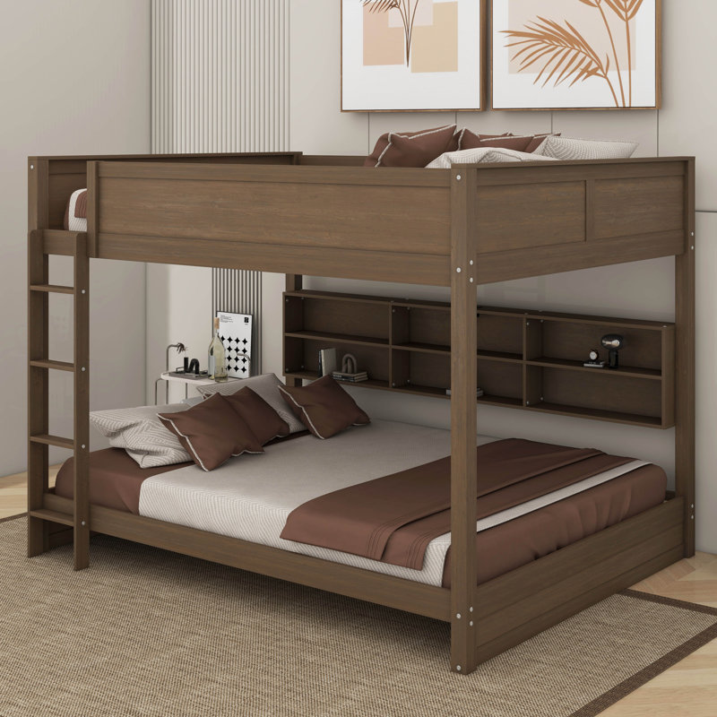 Queen Over Queen Bunk Bed With Cabinets And USB, Antique Wood