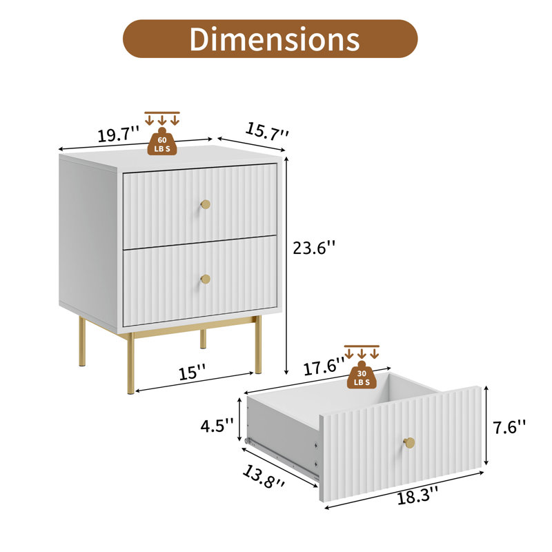 Nightstand With 2 Drawers, White