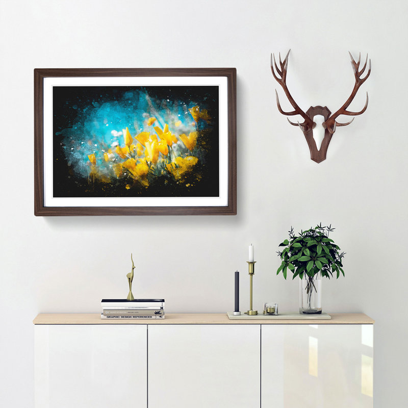 Yellow Blooming Flowers - Framed Print, 62cm H x 87cm W x 2cm D, Walnut Framed