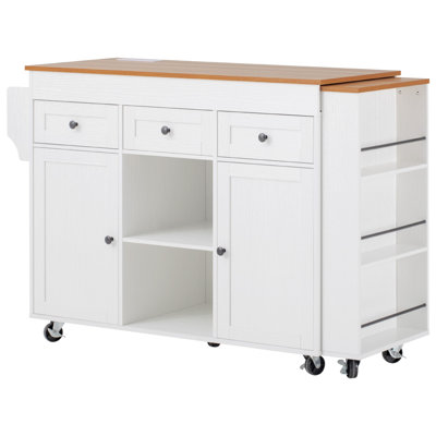 Kitchen Island with Extendable Dining Table, Kitchen Storage Table with 3 Side Open Shelves, Rolling Kitchen Island with Power Outlet, 3 Drawers, 2 Doors, for Kitchen, Dining Room