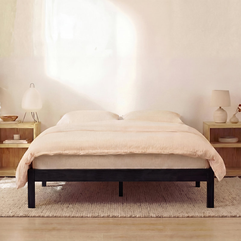 Lit plateforme classique en bois massif, double, finition noire, aucun sommier requis, assemblage facile, Cadre seulement