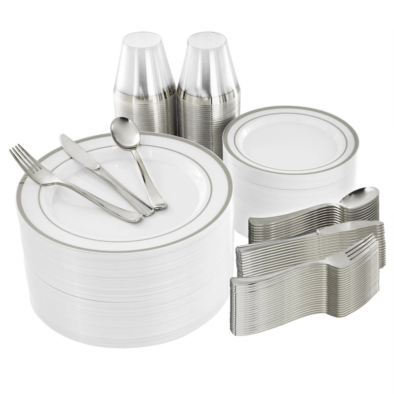 600 Piece Disposable Plastic Dinnerware Party Set for 100 Guests in White with Silver Trim, White/Silver