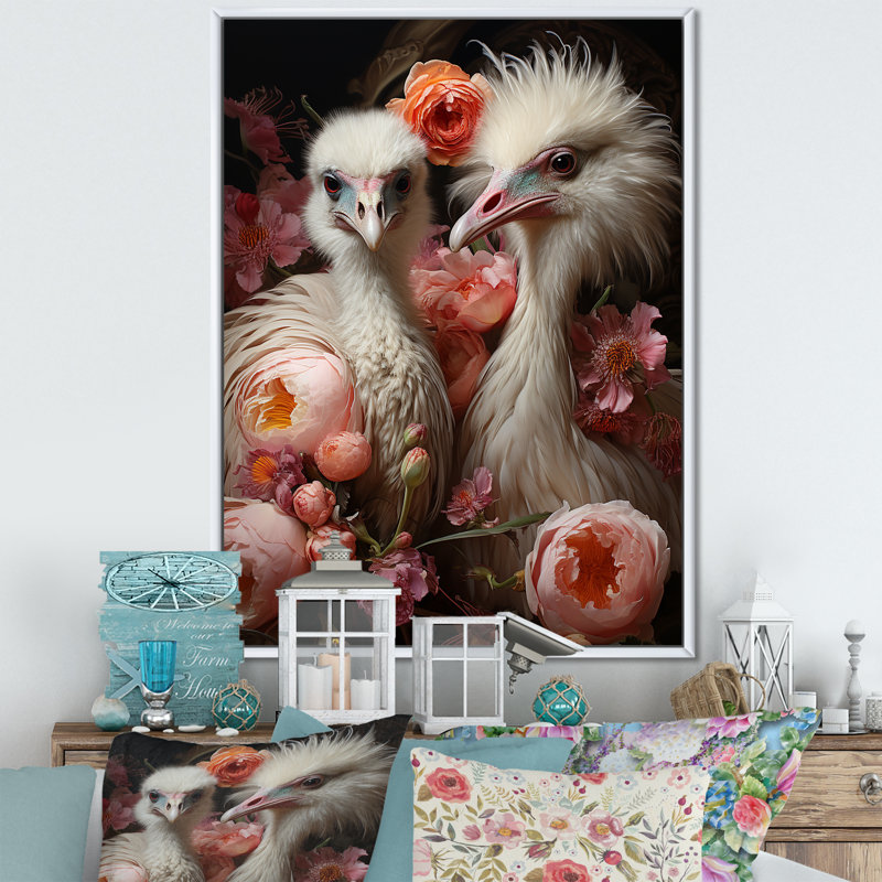 Autruches, rêverie délice II sur toile, Cadre flottant blanc, 20" H x 12" W
