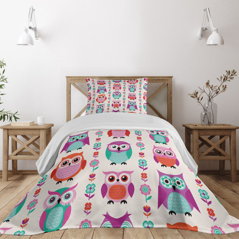 Colorful Owl Print Twin Polyester Bedspread Set