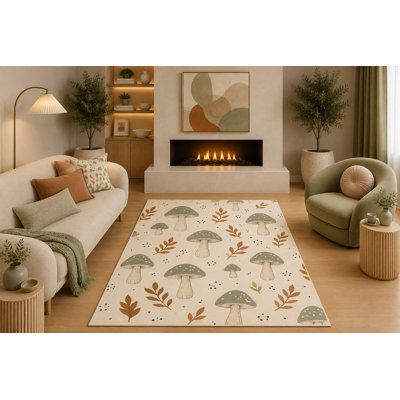 Tapis Cottagecore ultra-léger 152 x 213 cm (5' x 7') à motif champignons et feuillage botanique forestier, crème et marron sauge, idéal pour le salon, la chambre et la chambre d'enfant. Dos en silicone antidérapant. Poils courts.