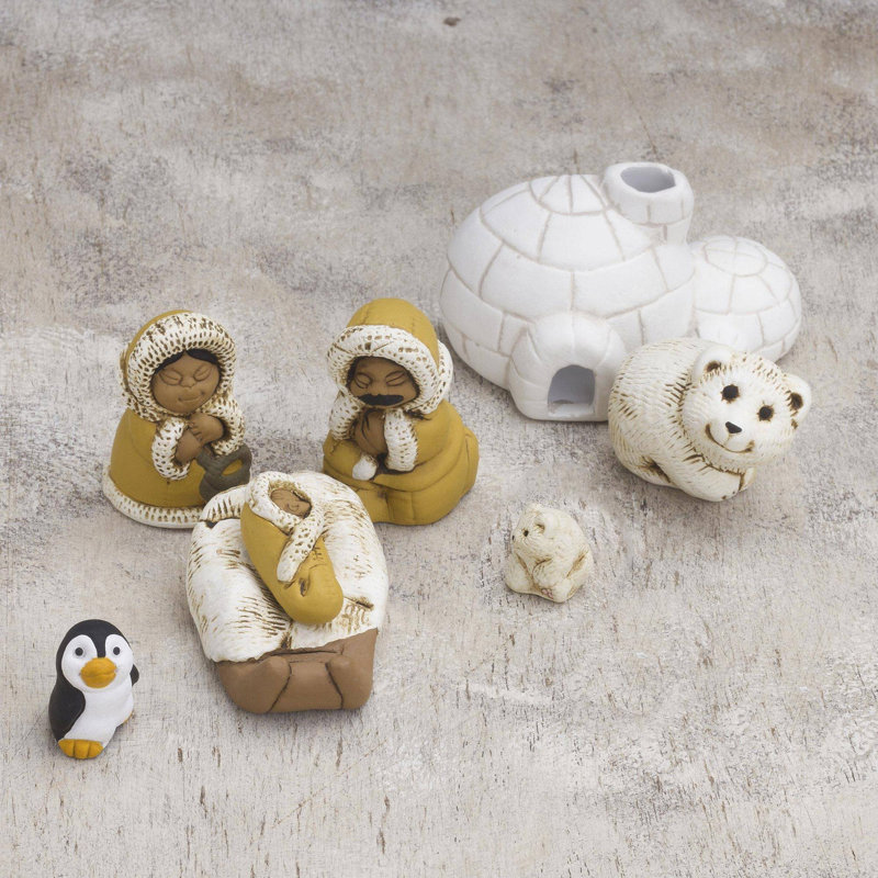 Ensemble de crèche 8 pièces en céramique famille inuit