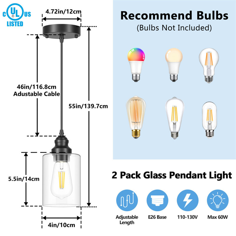 Luminaires suspendus réglables Vinatge avec abat-jour en verre transparent ensemencé, Abat-jour en verre transparent