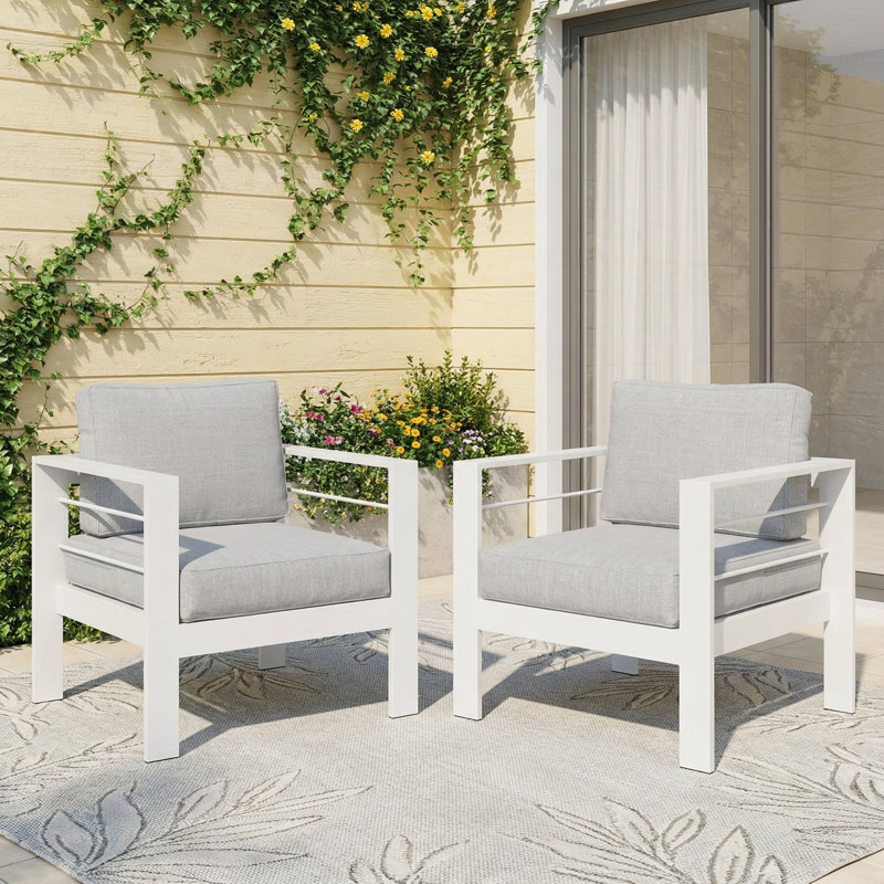 2 Piece Patio Aluminum Chair, White/Light Gray