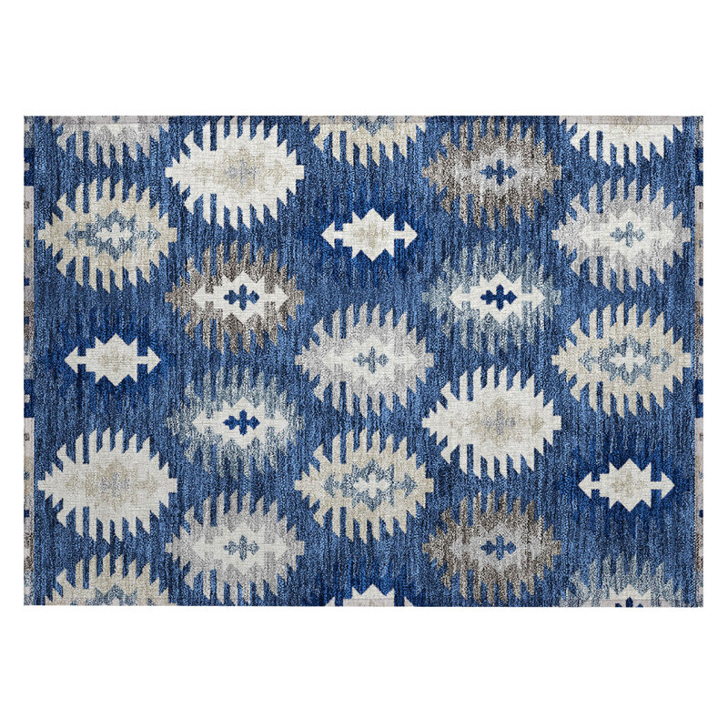 Navy and White Synthetic Flat Woven Rectangular Rug