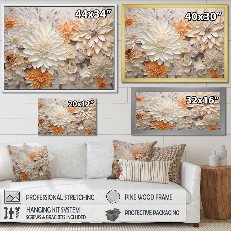 Beige et verre de fleurs de saison, H 24 po x l 32 po x P 1 po, Cadre simple blanc