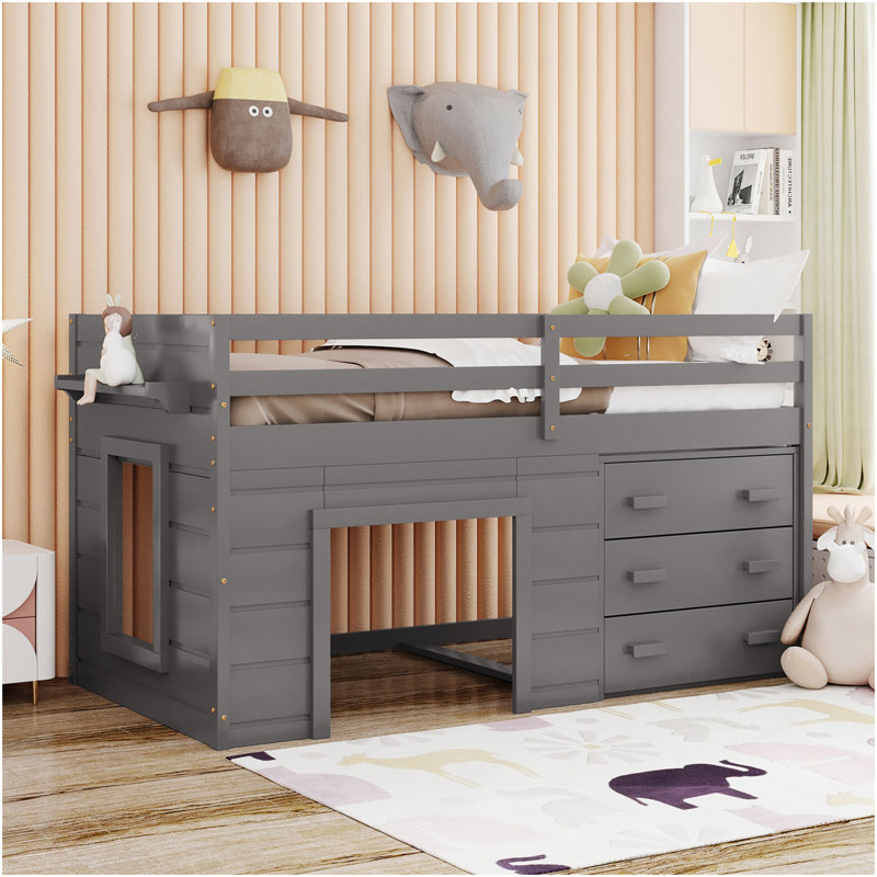 Lit mezzanine simple avec armoire et tablette - gris, Gris