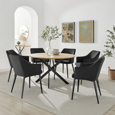 Hadlow Veneer & Metal Round Dining Table With Calley Fabric Chairs - Modern Statement Design