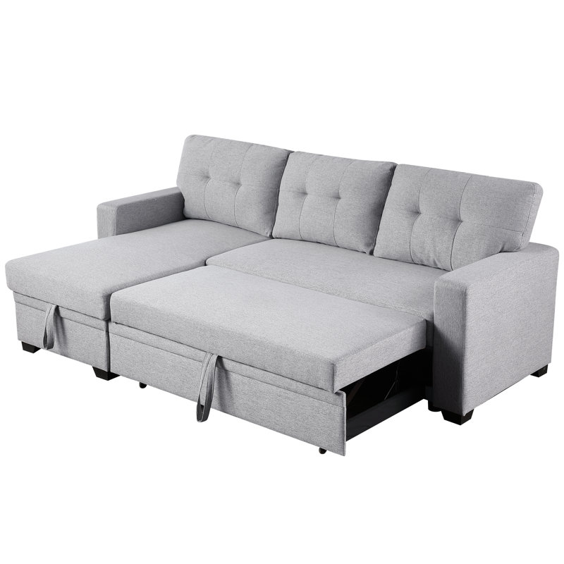 3 - Seat, Pull Out Sectional , Convertible Chaise, Storage, Removable Back Cushions, Hosting Overnight, Gray, Linen Seat With Storage To Twin Size Sleeper, Cushions For Guest Overnight Stays