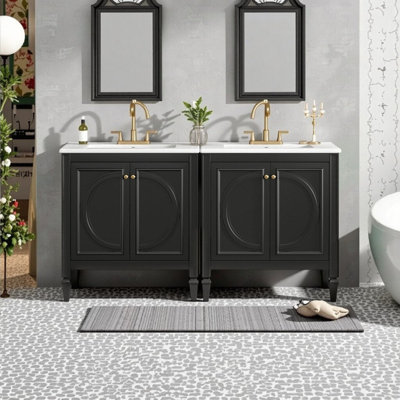 Ensemble de meuble-lavabo autoportant 60 po avec cadre en bois massif et panneau de fibres à densité moyenne, éviers en céramique 60 po