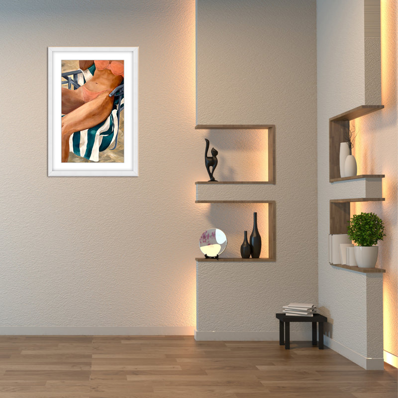 Coastal Retreat Riviera Retreat: Woman Lounging On Beach Towel And Chair, 48" H x 32" W x 1.125" D, Framed Matted Print
