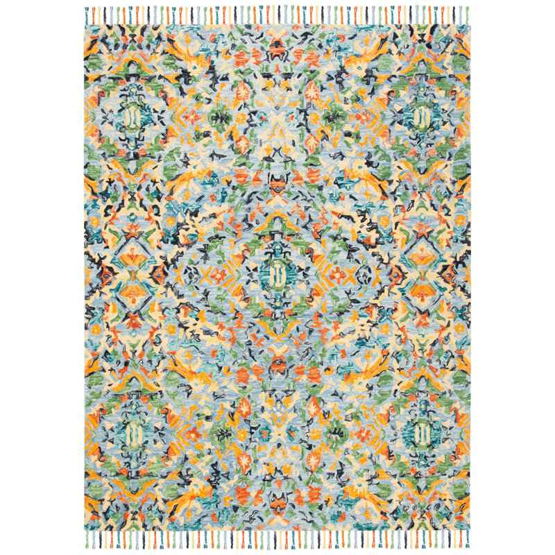 Jahiem Hand-Knotted Wool Blue Area Rug, Rectangle 8' x 10'