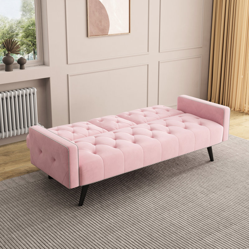 Lit 2 places en velours rose de 72 pouces avec porte-gobelets et garniture cloutée, convient à différentes pièces, mousse haute élasticité, option de réglage à trois positions pour un assemblage facile, structure, sièges moelleux