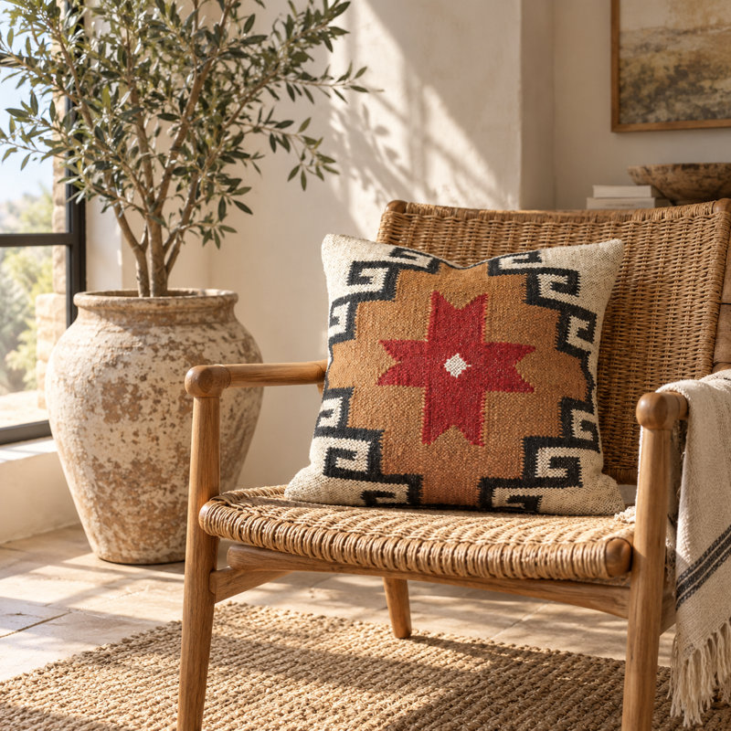 Housse de coussin décorative en laine et jute tissée à la main, inspirée du kilim blanc abstrait, Blanc abstrait